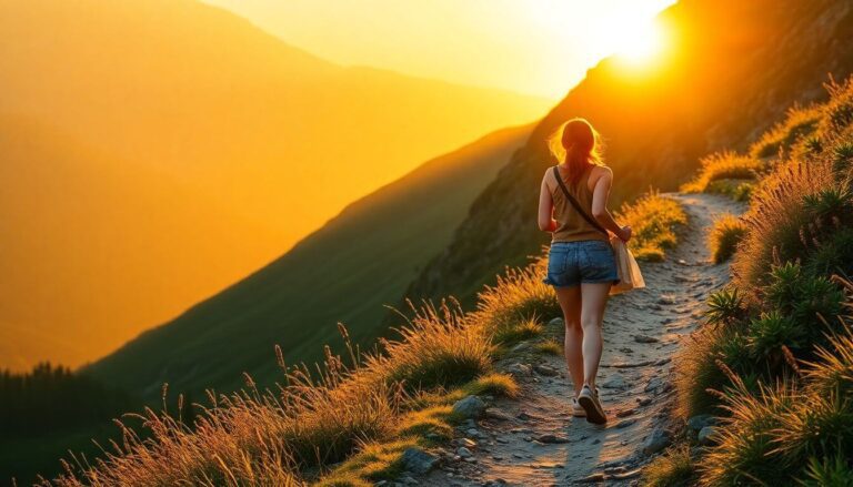 Mulher caminhando por um vale ao amanhecer, simbolizando força, esperança e superação em momentos de adversidade.