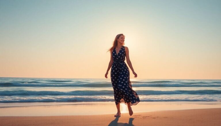 Mulher de pé na praia ao pôr do sol, simbolizando liberdade e recomeço após o divórcio, com céu dourado e ondas suaves ao fundo.