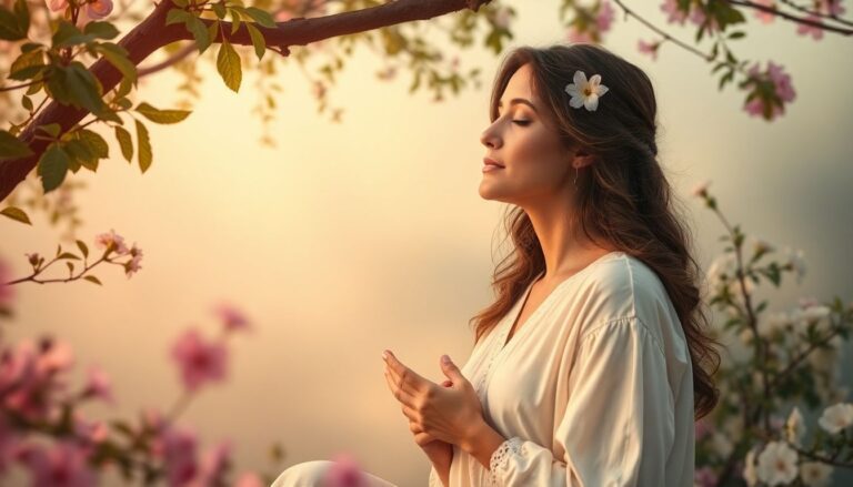 Mulher reflexiva em ambiente tranquilizador, simbolizando a paz interior e desapego amoroso, rodeada por flores e natureza.